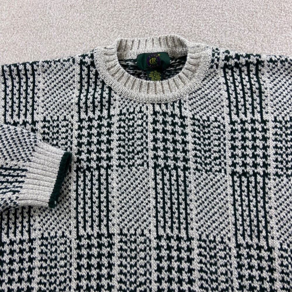 Vintage Club Room Sweater Mens XL Green Gray Geometric Houndstooth Cotton Knit